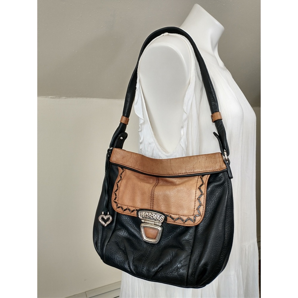 Brighton Black Tan Leather Whipstitch Shoulder Bag Heart Charm F008389